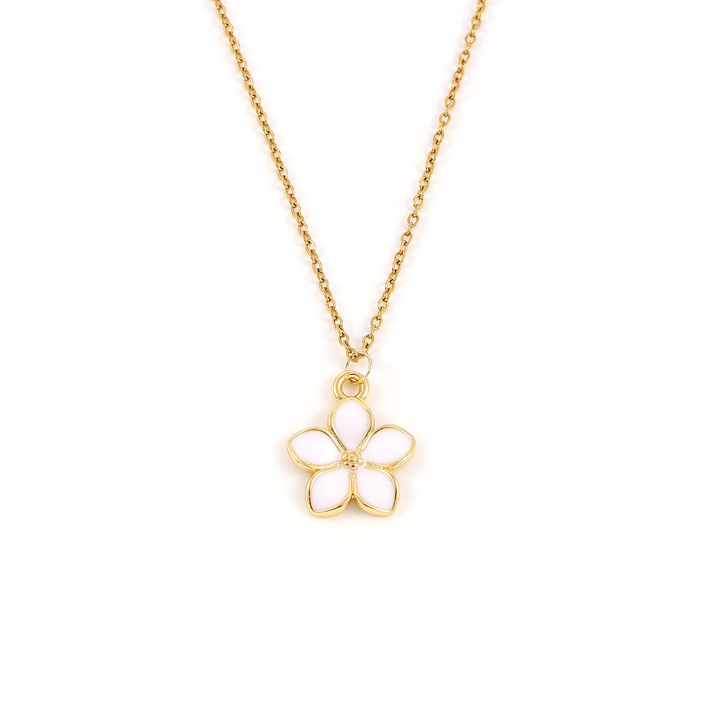 Gene - White Enamel Flower Dangling Necklace Gold