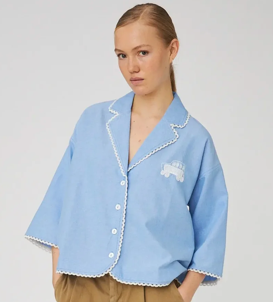 Chambray Blouse with Embroidered Schoolbus