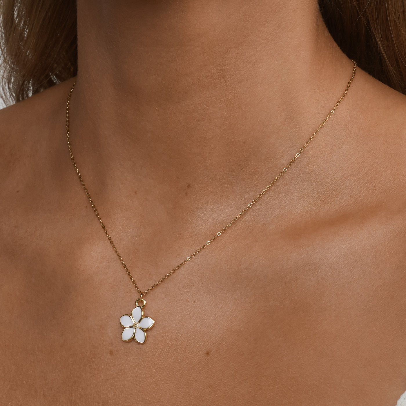 Gene - White Enamel Flower Dangling Necklace Gold